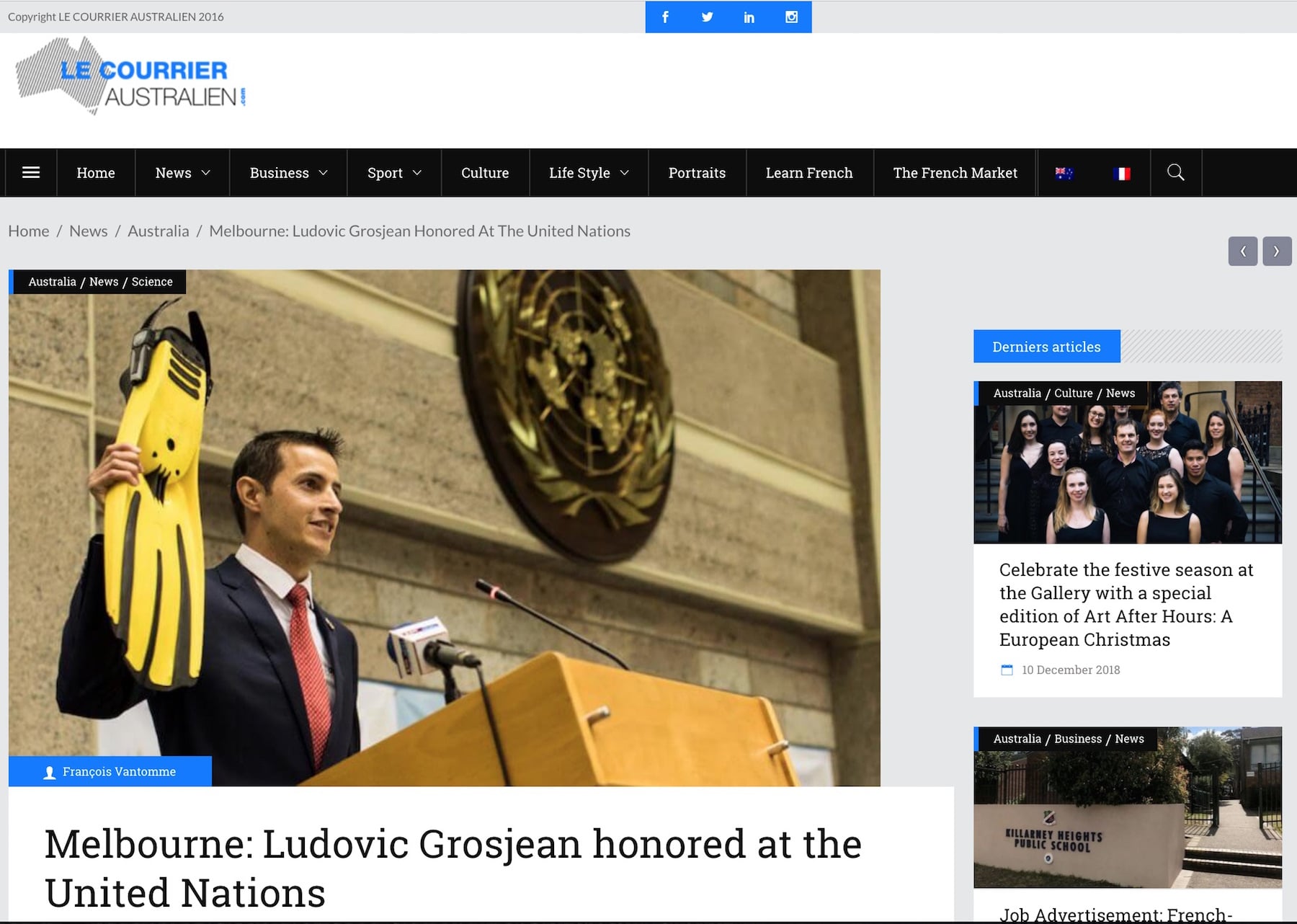 Ludovic Grosjean Ocean Innovator honored United Nations Courrier Australien